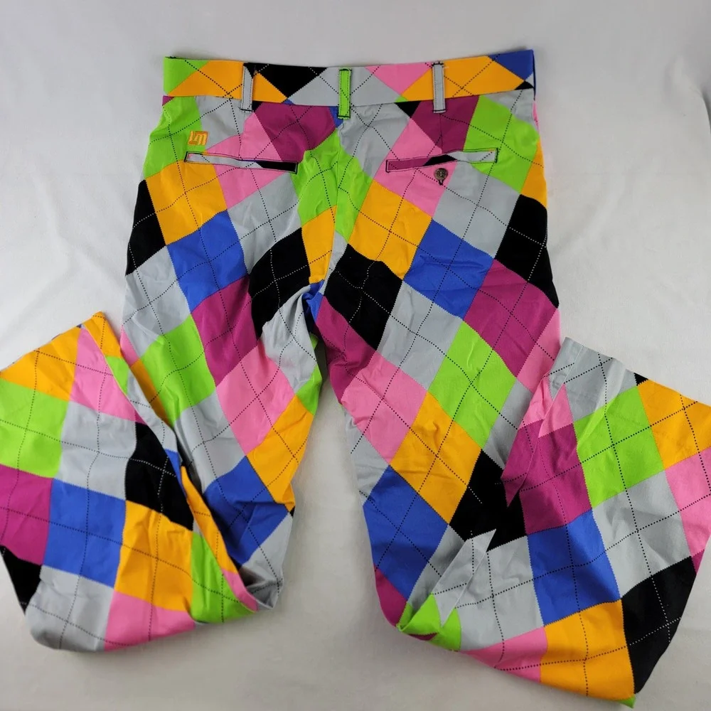 Loudmouth Golf Mens 34x32 (31.5) Argyle Multicolor Cotton Stretch Golf Pants